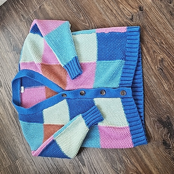 Cotton On Splice Colorful Square Patchwork V Neck Oversize Chunky Knit Cardigan - Picture 6 of 8